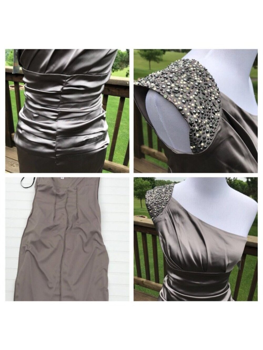 Suzi Chin Maggy One Shoulder Sheath Formal Dress Size 2 Taupe Ruched Embellished - Picture 10 of 12